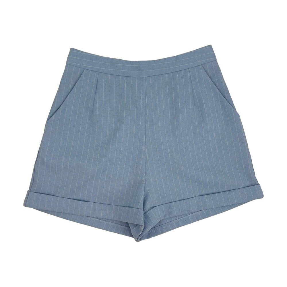 Fashion Nova Womens High Rise Cuffed Dressy Shorts Blue White Pinstripe Medium